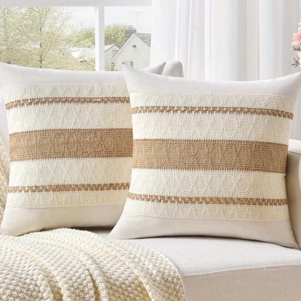 Boho Neutral Throw Pillow Covers Set | Beige Woven Farmhouse Decor